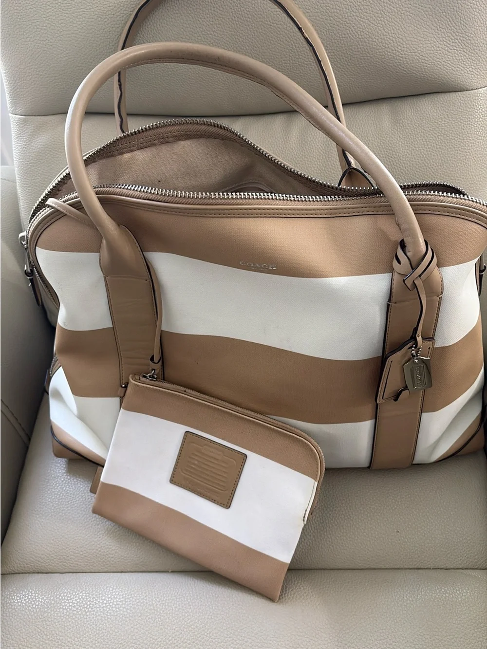 Coach Tan and White Striped bag with Wristlet